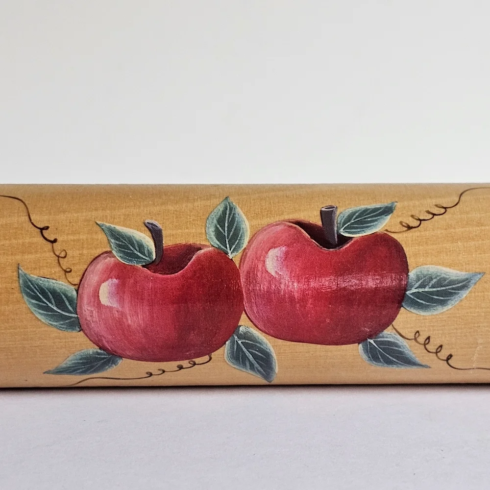 Vintage Decorative Wooden Rolling Pin with Red Apple Rustic Farmhouse Design
